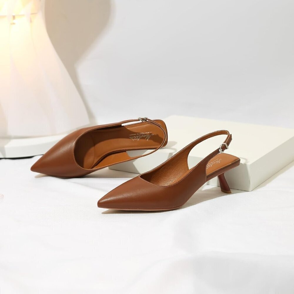Women's Brown Pu Pointed Toe Pumps Patent Leather Slingback Heels With Buckle - Picture 5 of 9